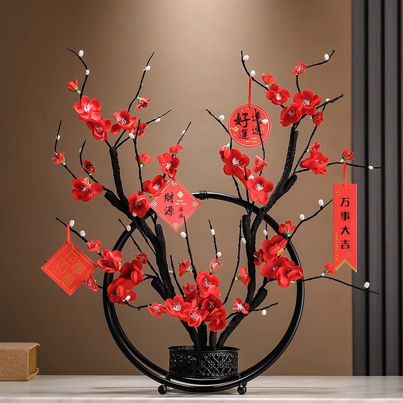 2025新款新中式新年过年玄关鞋柜电视柜酒柜装饰品高端大气摆件花