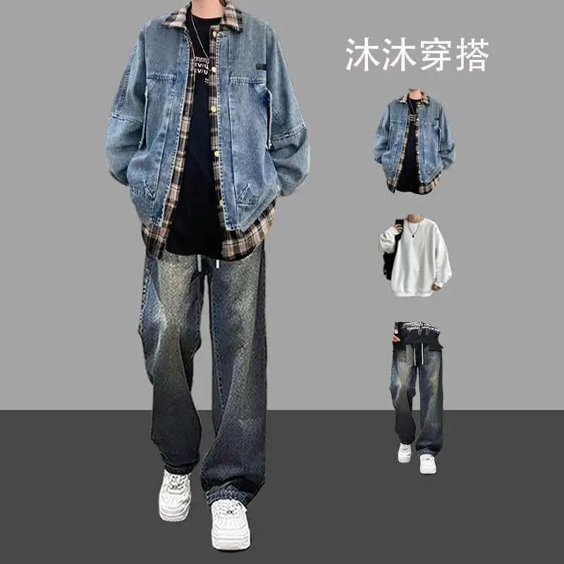 美式复古假两件格子拼接牛仔外套男春秋季青少年潮牌休闲夹克套装
