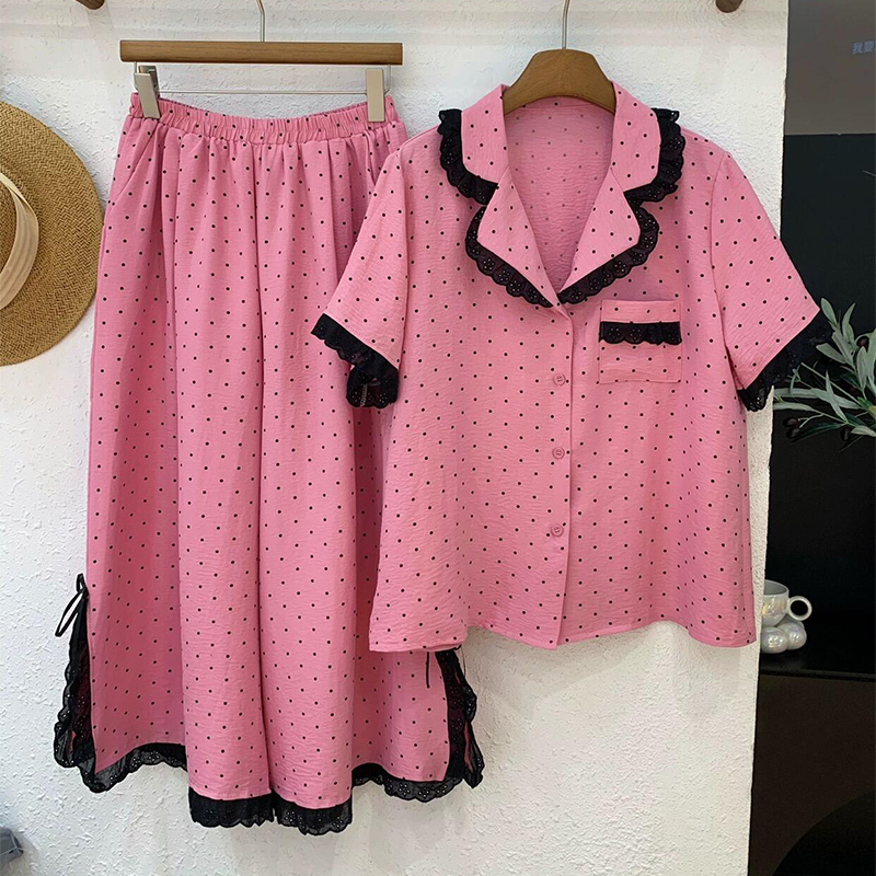 宽松休闲慵懒风睡衣女夏季开衫短袖长裤蕾丝边波点印花套装可外穿
