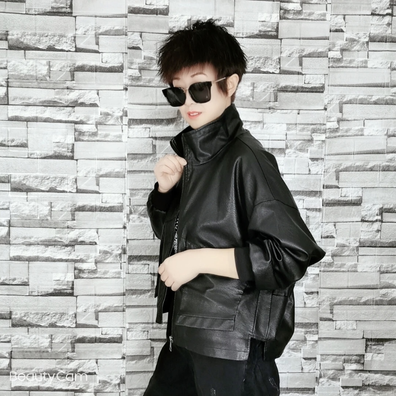 女士春秋季【单里衬】时尚休闲短款皮衣外套皮衣外套女宽松立领