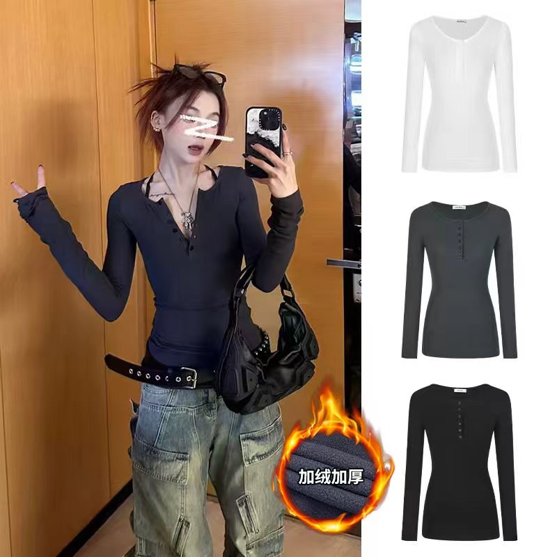 纽扣半开领加绒上衣辣妹修身显瘦长袖T恤冬