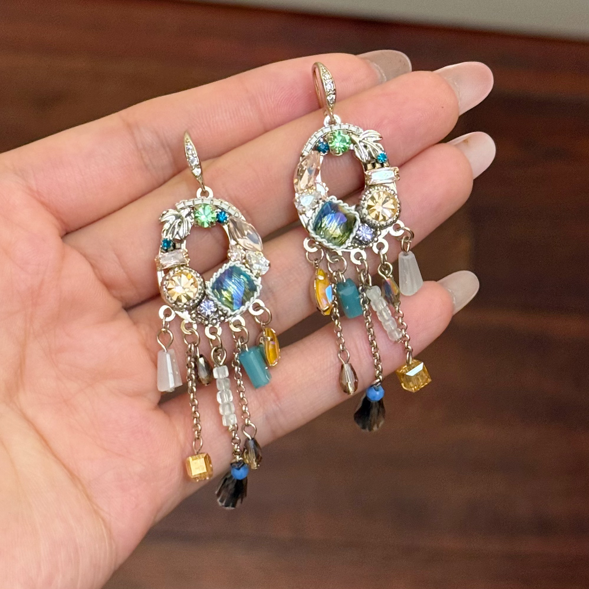 铜合金合成锆石耳饰 气质东大门蓝色高级时尚流苏波西米亚耳环