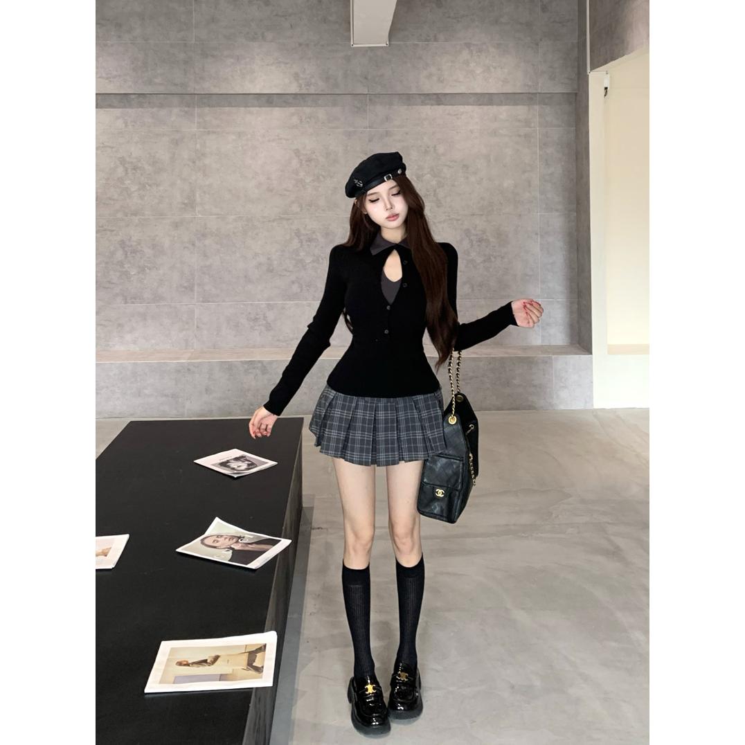 美式辣妹polo领假两件长袖上衣女冬季设计感撞色修身内搭针织毛衣