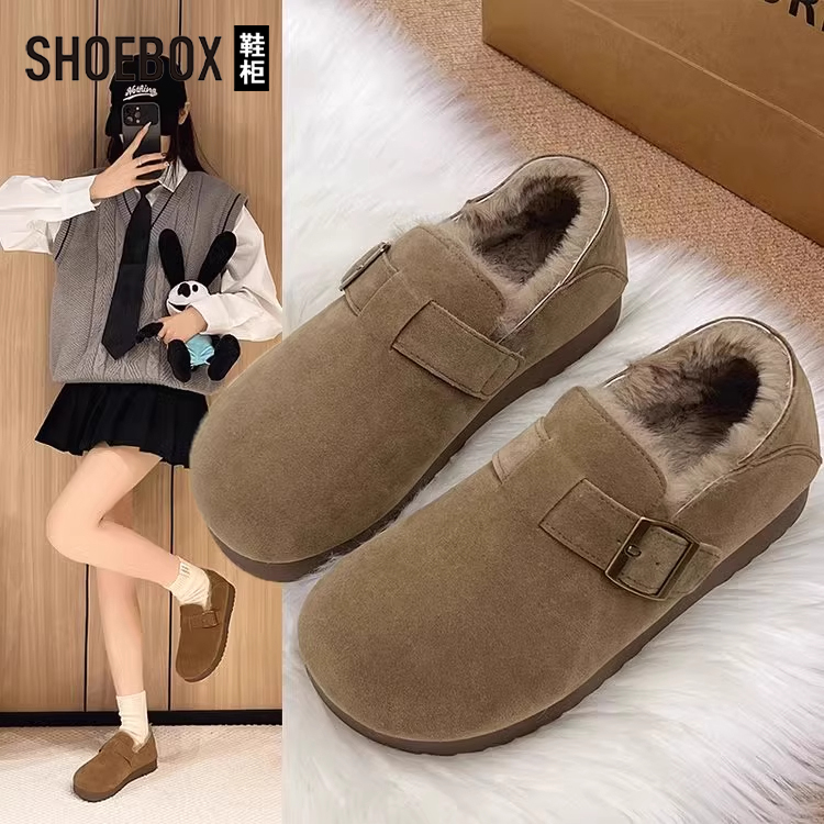 达芙妮集团旗下勃肯鞋女加绒2025冬季新款复古软底豆豆鞋保暖棉鞋