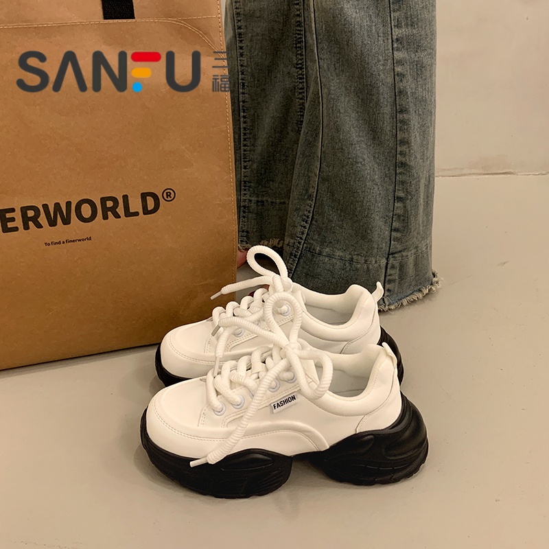 三福松糕厚底老爹鞋女春秋小个子增高2025新款百搭运动休闲小白鞋