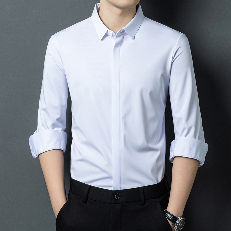 男商务免烫条纹长袖衬衫抗皱速干长袖上衣春季百搭秋季纯色打底