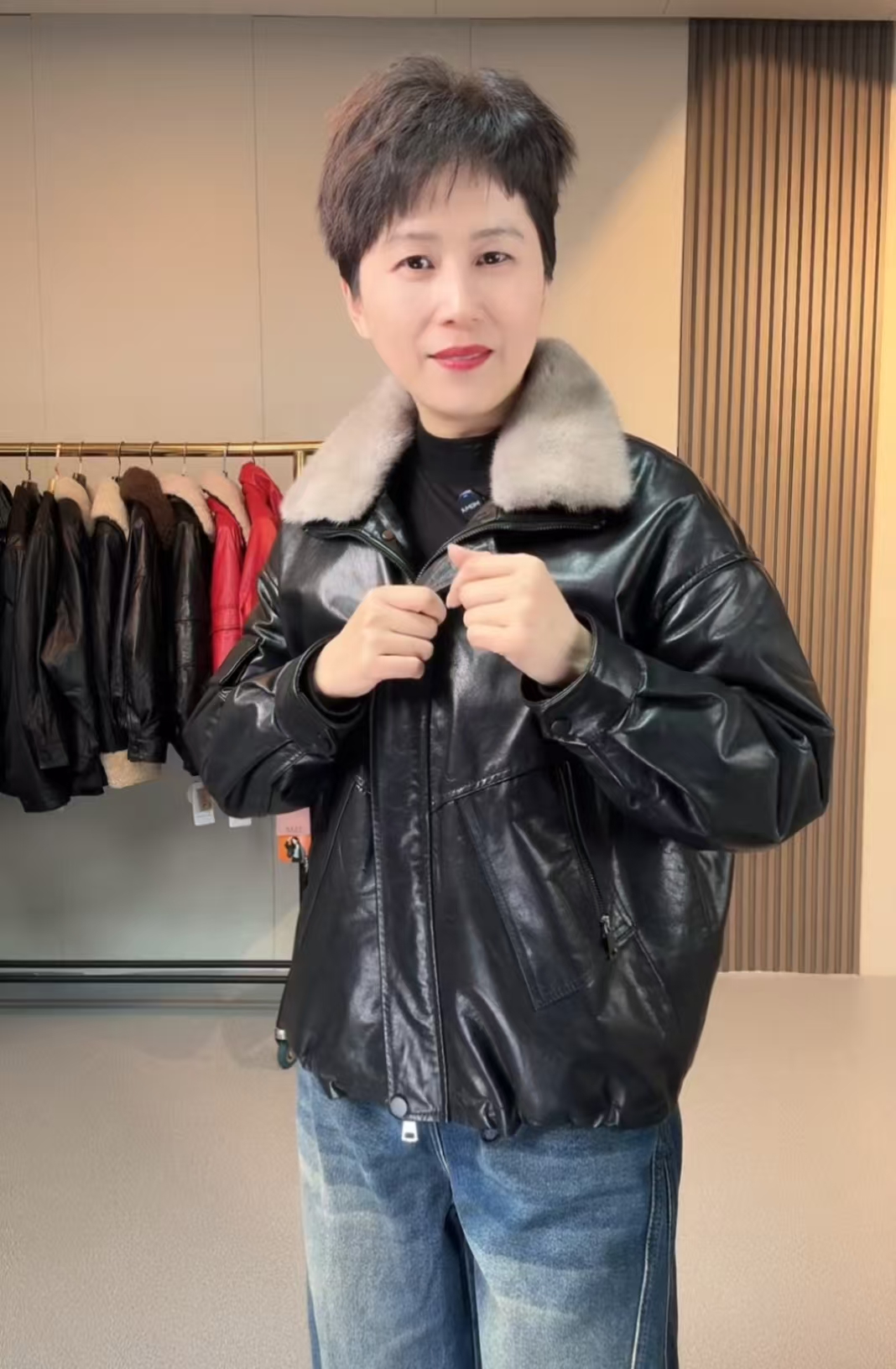 2563-1海宁真皮水貂毛领鹅绒可拆卸油蜡牛皮春秋冬加绒百搭外套