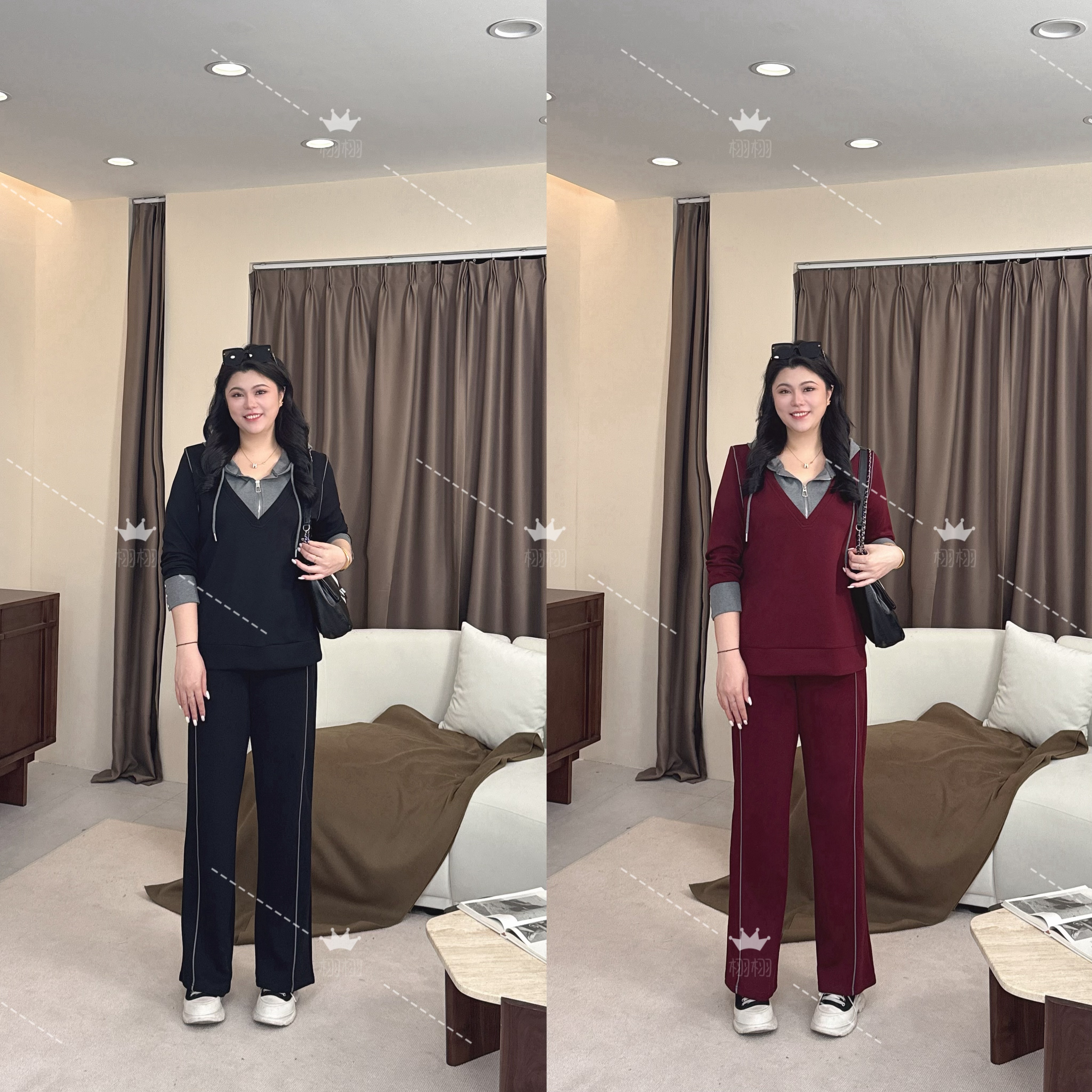 【栩栩秋款套装】PDM22486+22487秋季新款假两件大码女装长袖套装
