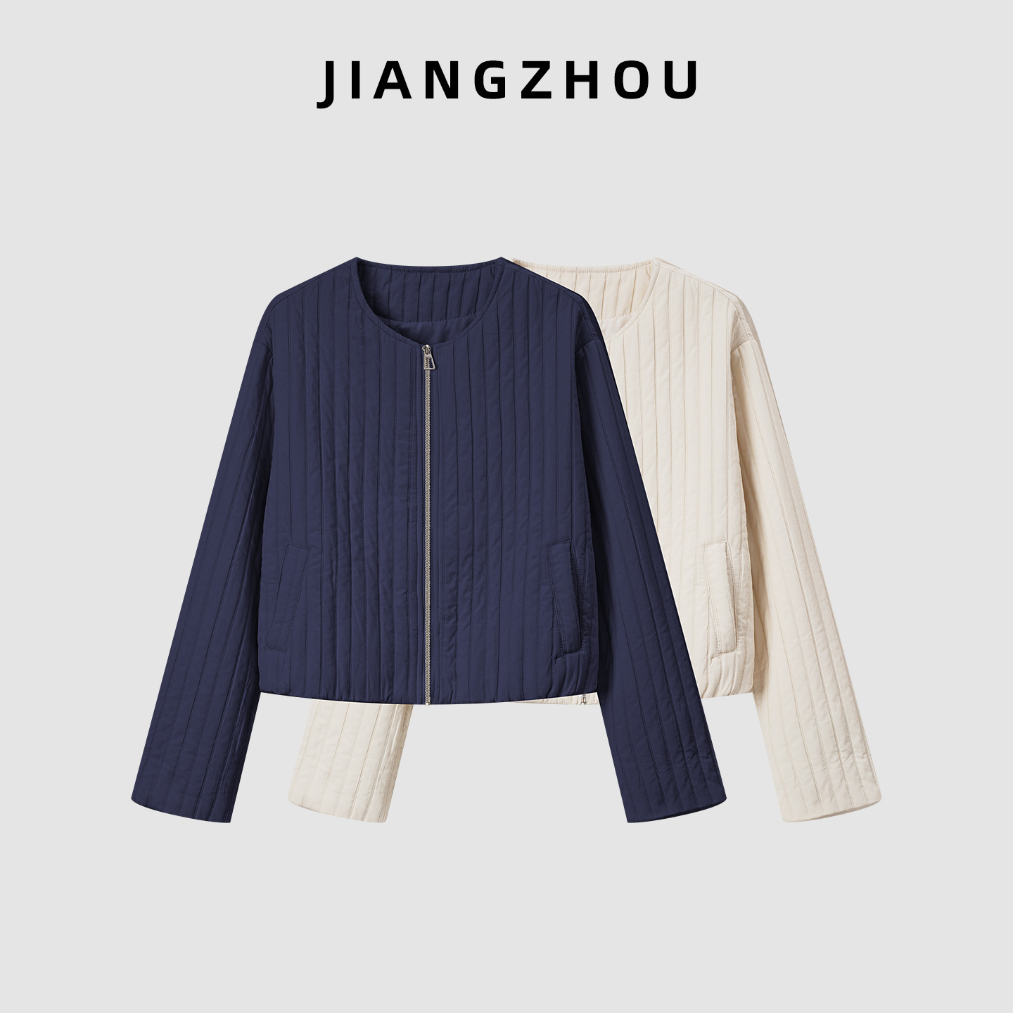 江洲【冬映】秋冬新款针织披肩竖条纹棉衣外套宽松显瘦翻边撞色上衣