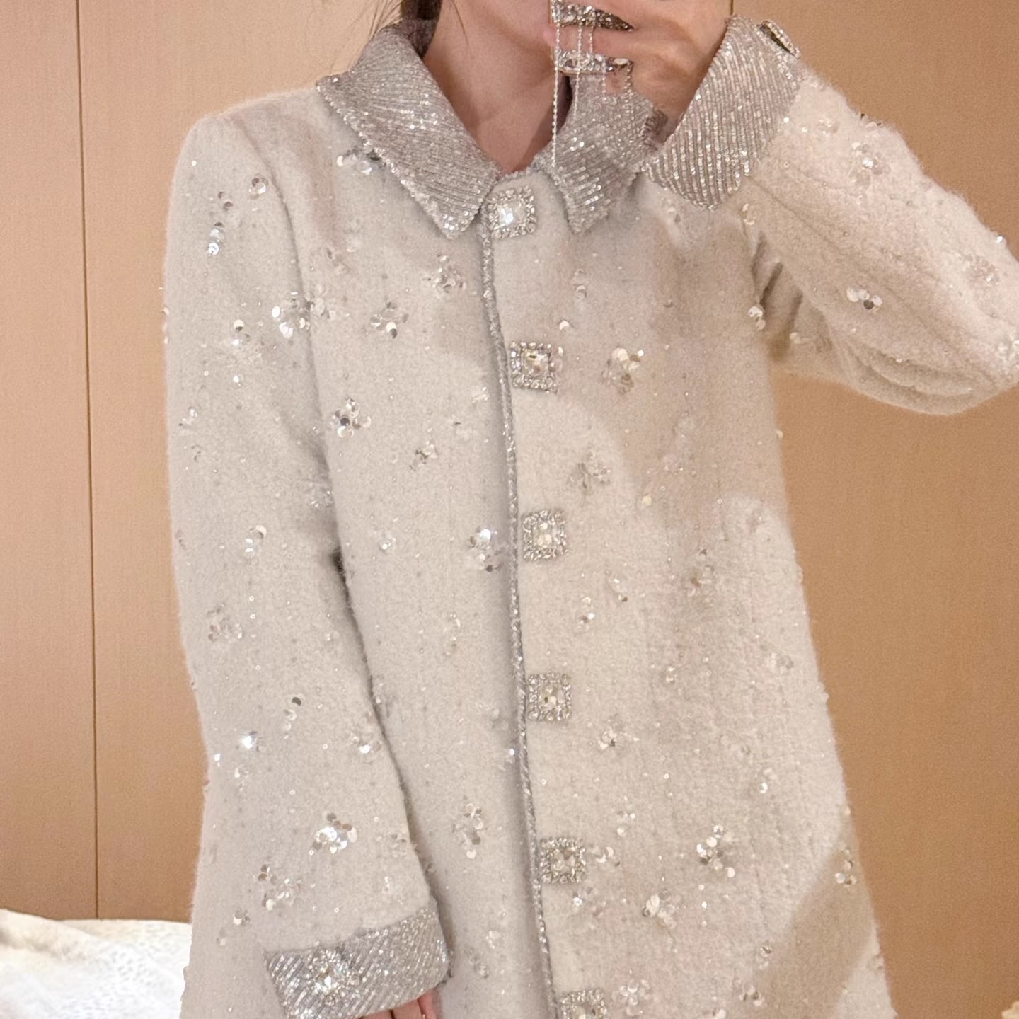 YOYO高定超重工亮片钉珠娃娃领羊毛呢中长款外套25秋冬新款