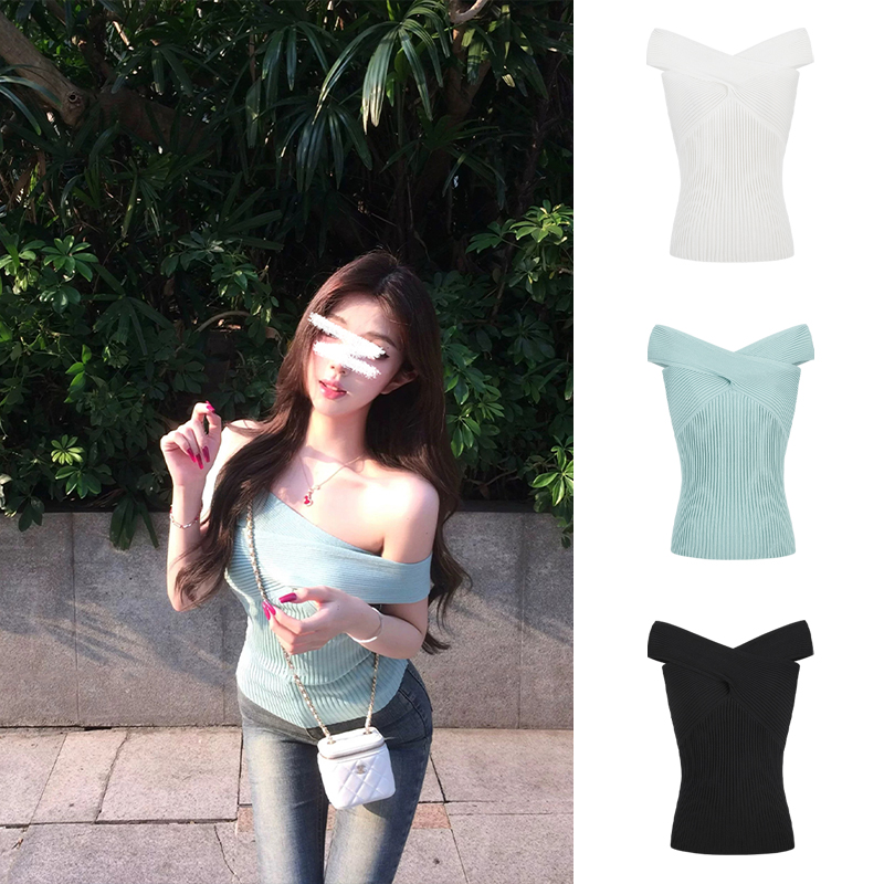 Moses Queen/魔西女王法式气质露肩一字肩针织 T恤女辣妹性感上衣