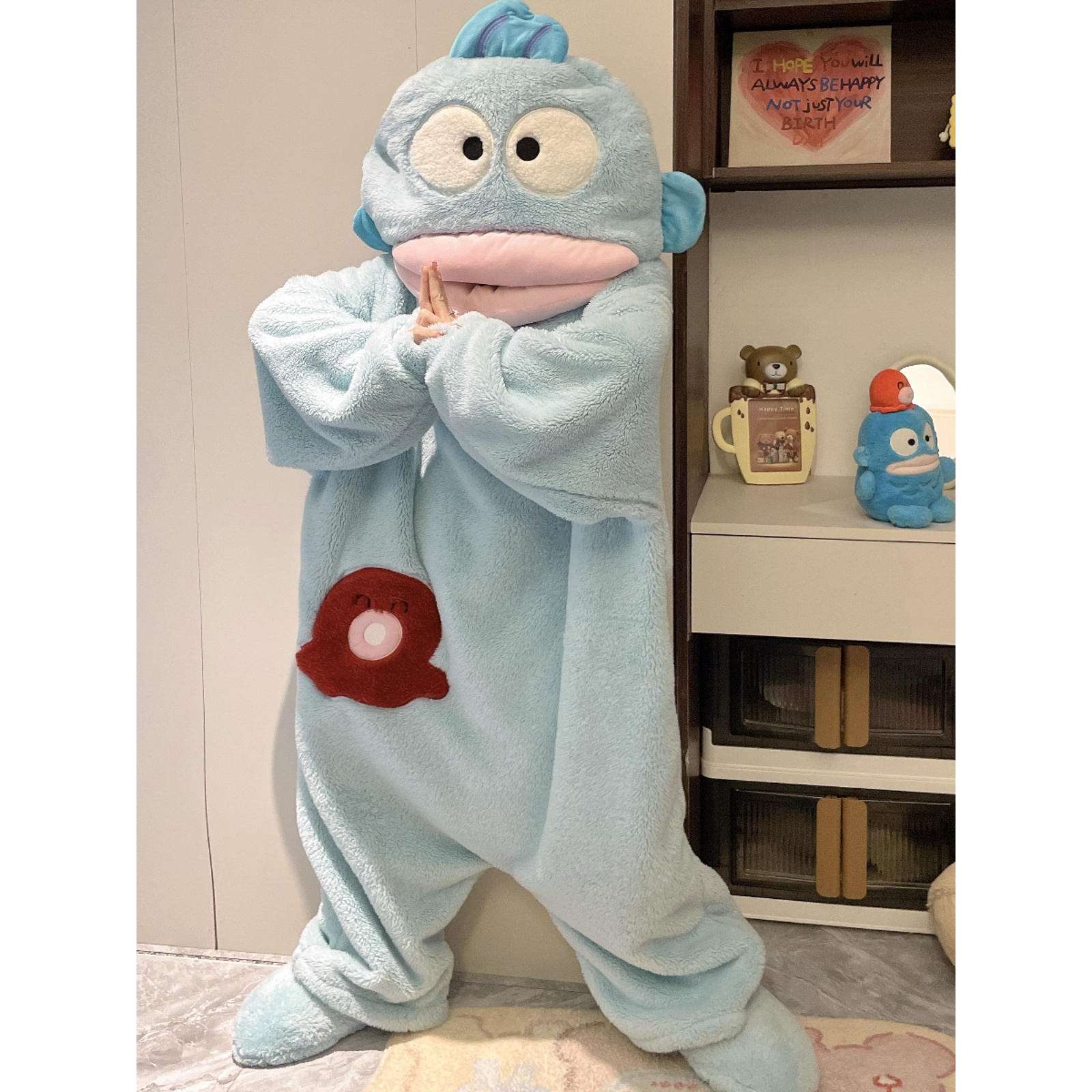 丑鱼连体睡衣珊瑚绒秋冬情侣睡袍男女加厚大码搞怪儿童大嘴鱼睡裙