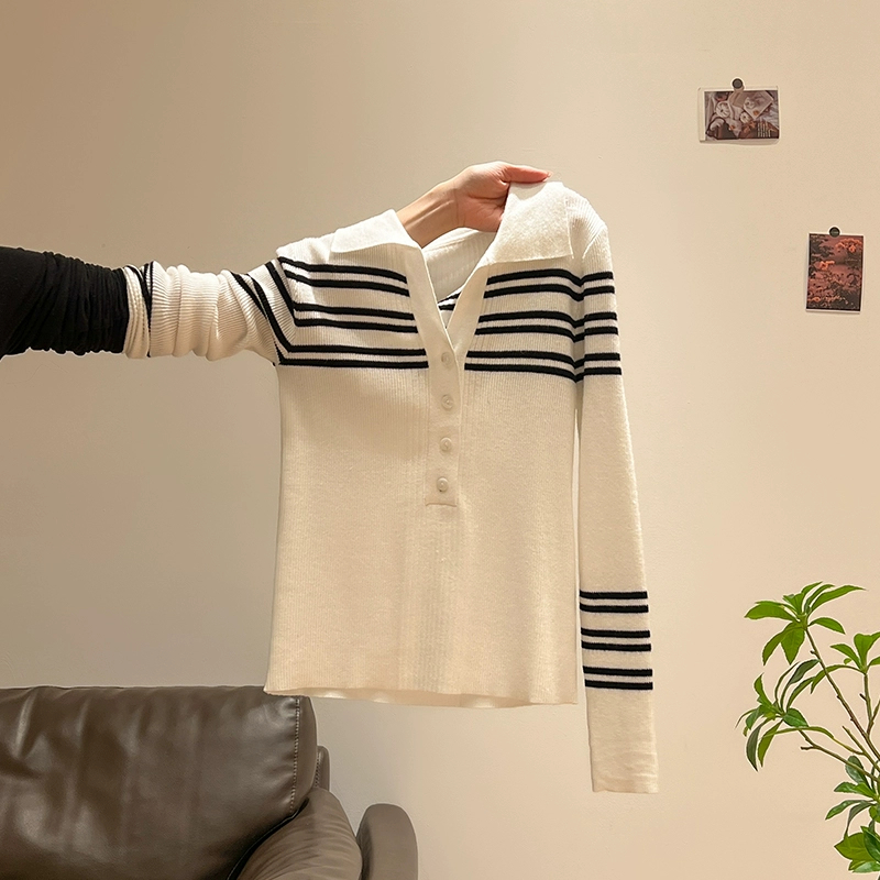 复古撞色条纹Polo领针织打底衫女秋冬新款高级感修身显瘦软糯上衣