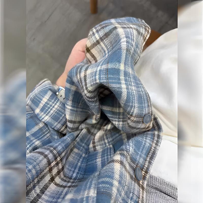 2025年新款慵懒风情侣装显白美式复古高级感磨毛长袖蓝色格子衬衫