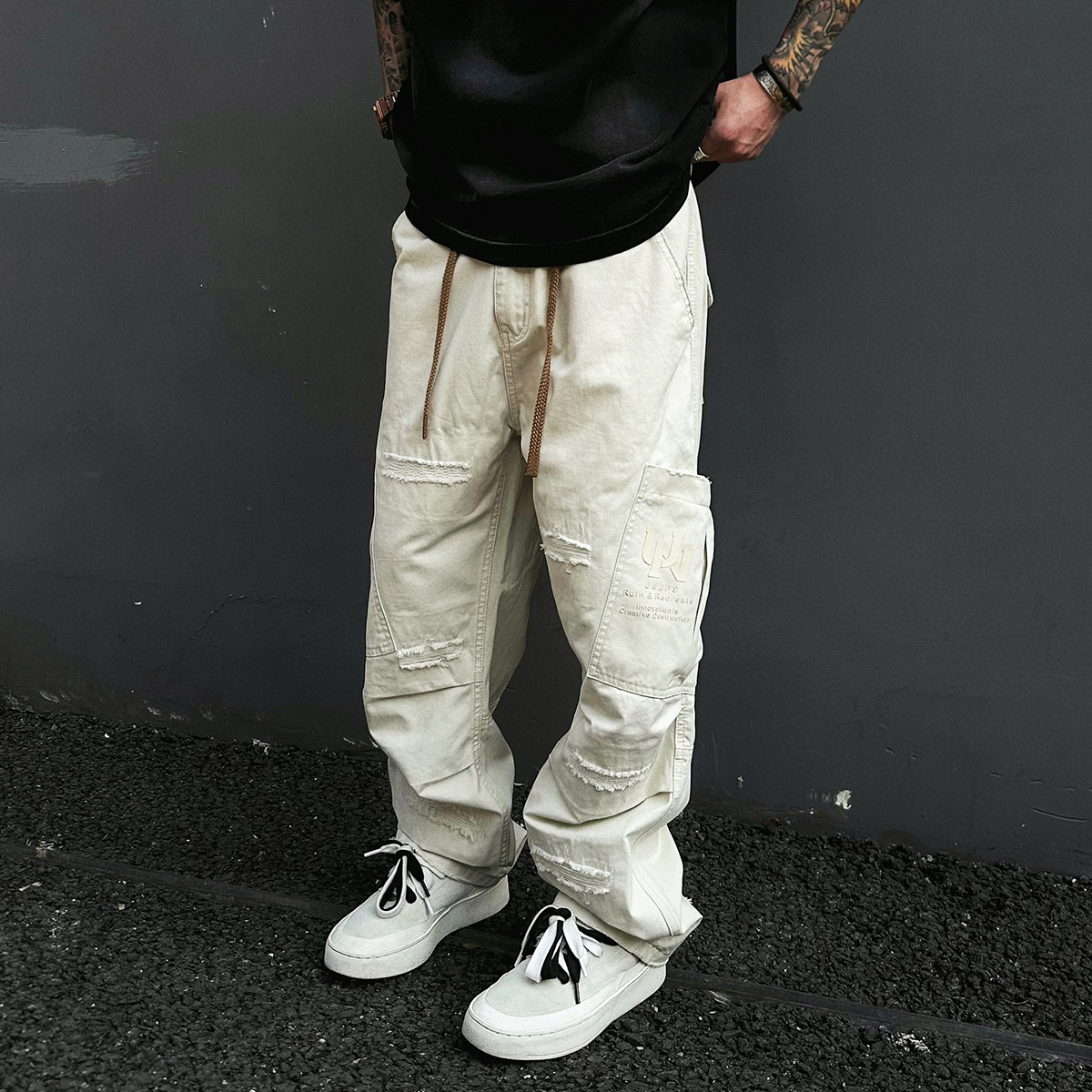 【UNAPS】白麒秋冬复古补丁刺绣工装裤美式松紧腰休闲裤男女直筒裤