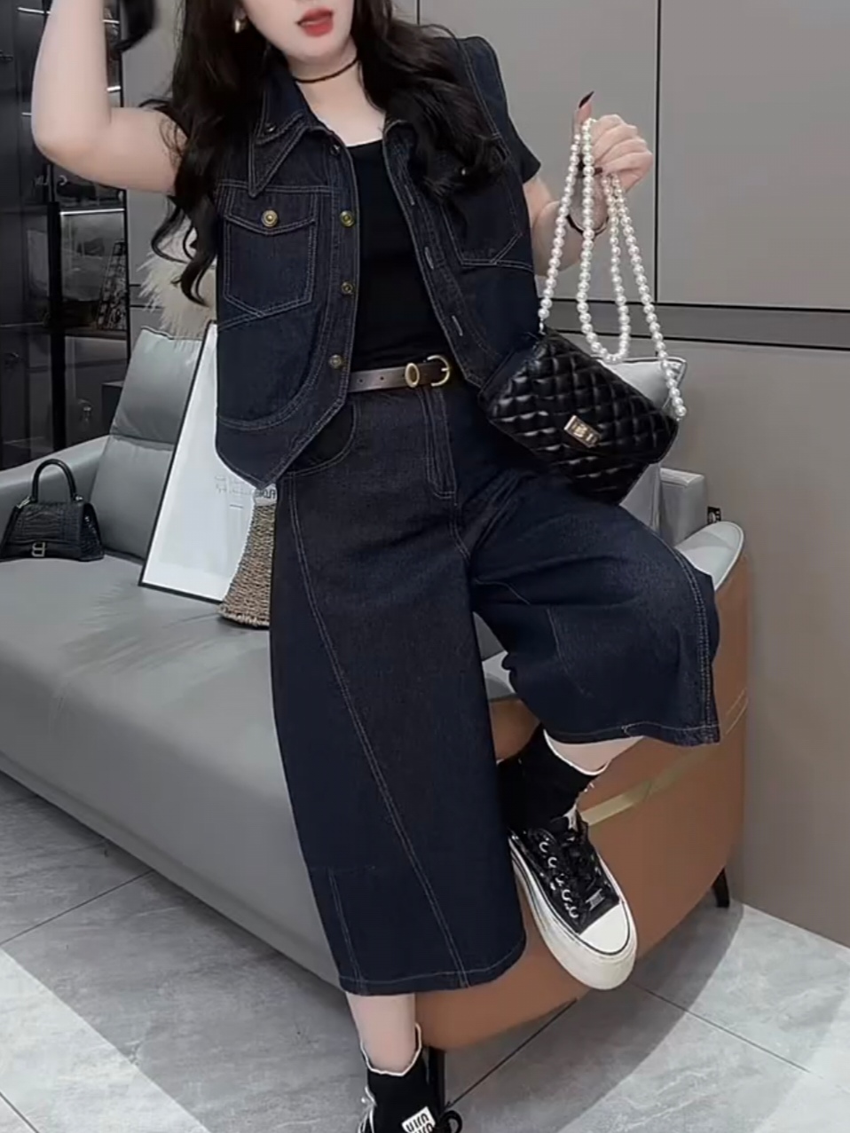 秋季新款时尚牛仔套装无袖洋气马甲七分阔腿牛仔裤显瘦两件套