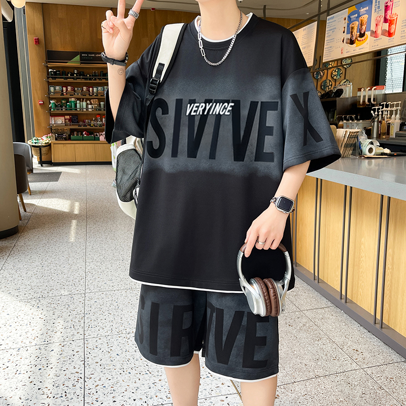 2025新款夏季青少年短袖t恤男初中高中学生潮流帅气大童运动套装