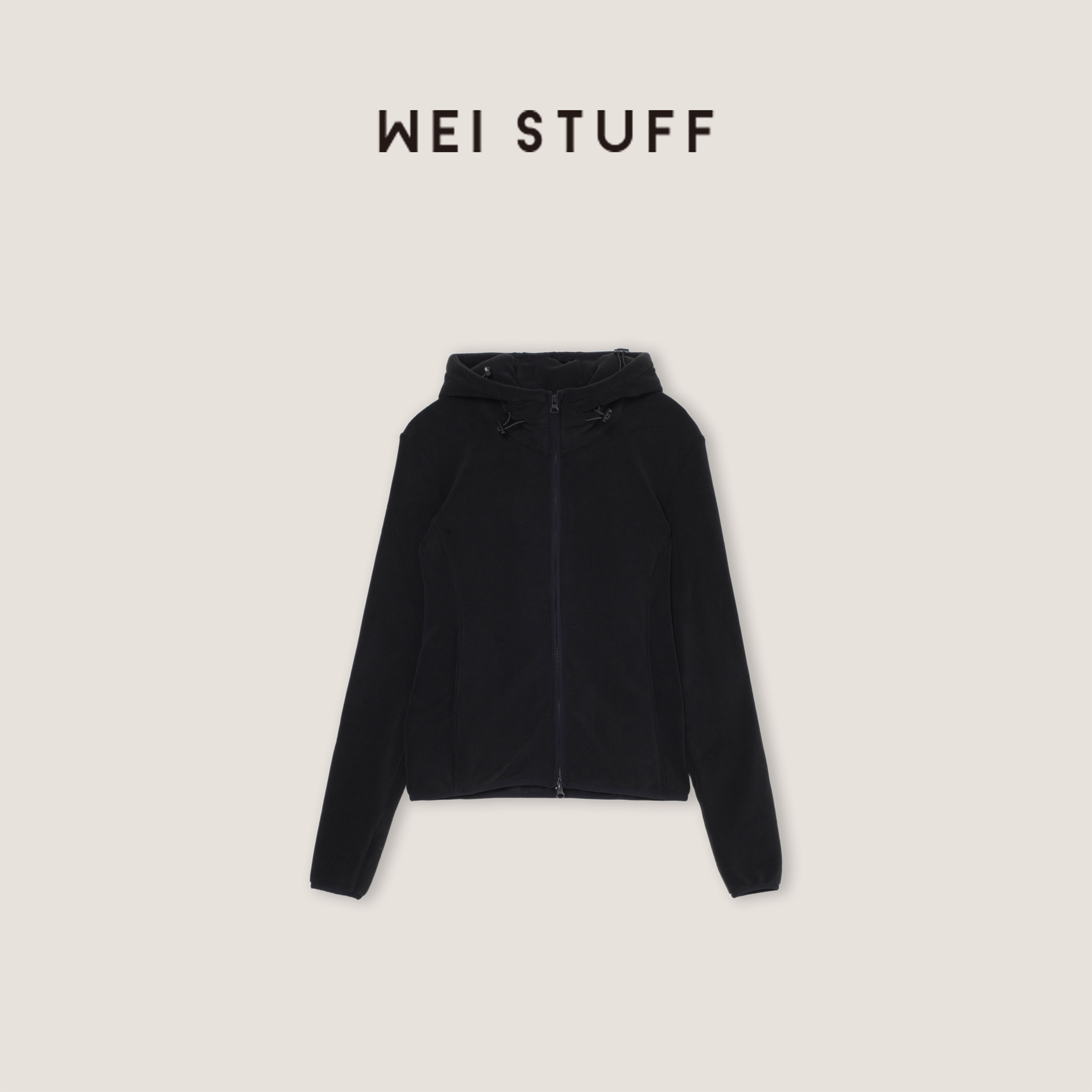 WEI STUFF“摇粒绒小蛮腰”黑色休闲修身连帽拉链外套 10539