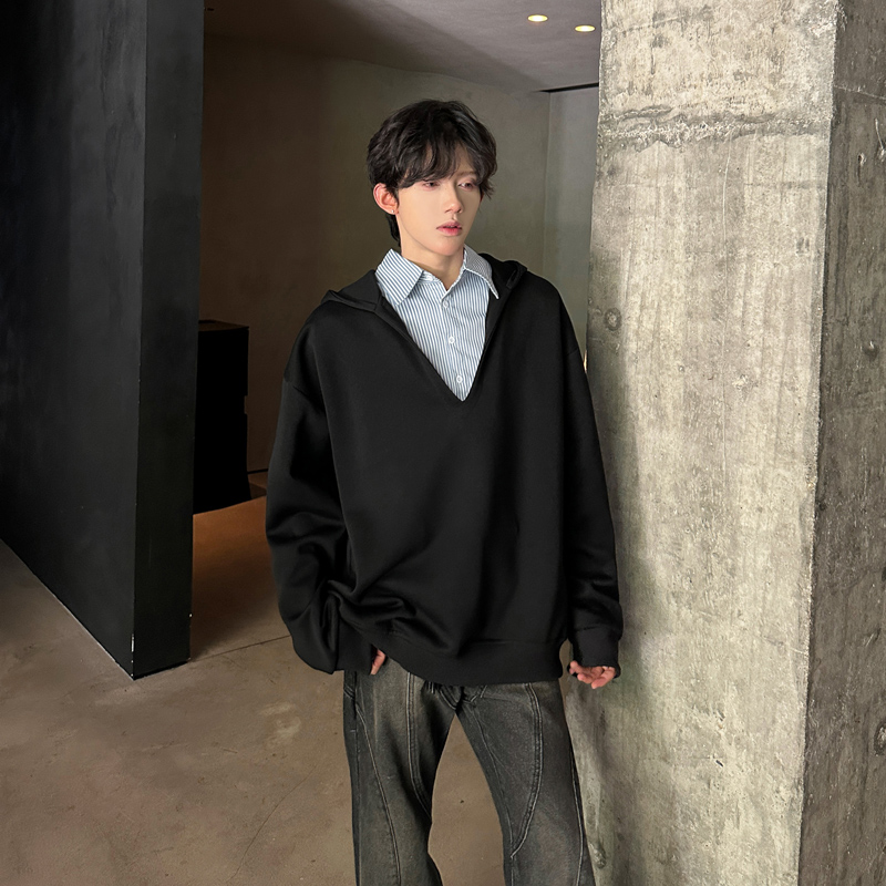 条纹假两件v领连帽卫衣男秋季美式重磅衣服春秋款polo衬衫领外套