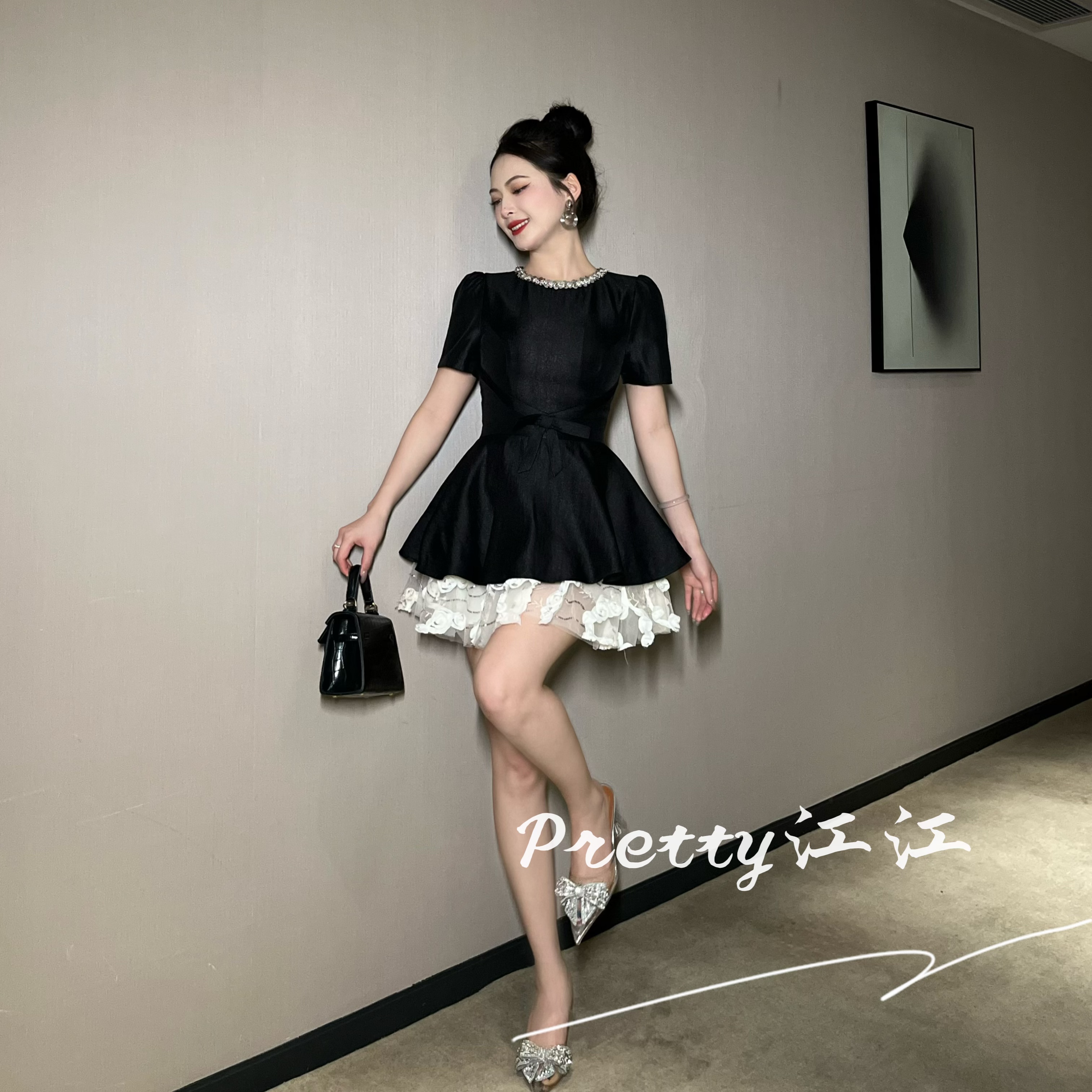 Pretty小众设计师品牌江江定制 赫本风轻奢名媛宴会连衣裙65362
