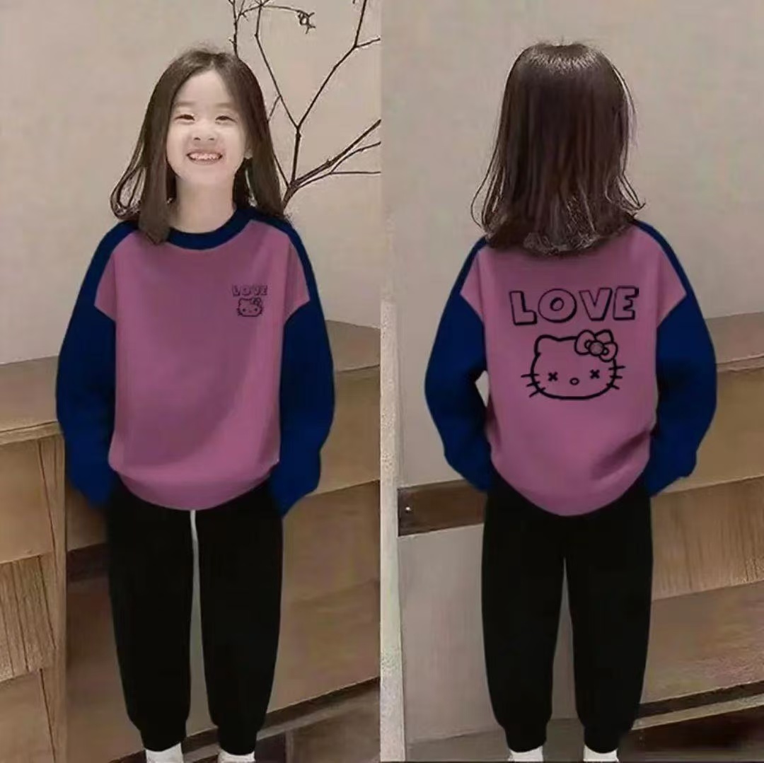 2025新款春秋中大女童长袖宽松T恤儿童洋气拼色内搭秋装时尚上衣