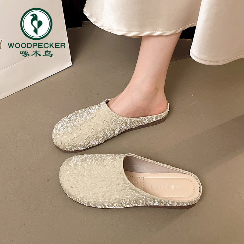 啄木鸟平底包头半拖鞋女外穿秋季懒人一脚蹬豹纹勃肯鞋软底穆勒鞋