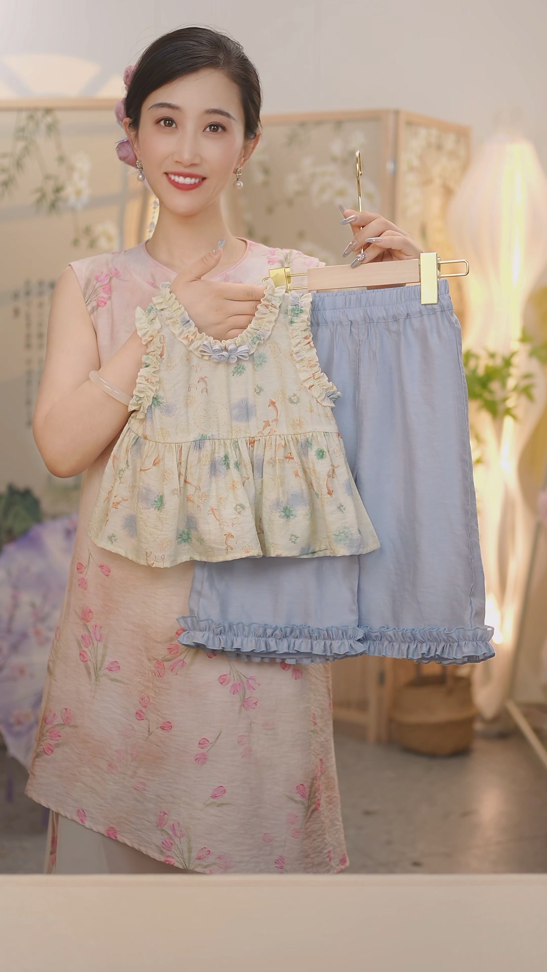 现货【青荷】SC408女童夏季新中式鲤鱼无暇上衣裤子套装