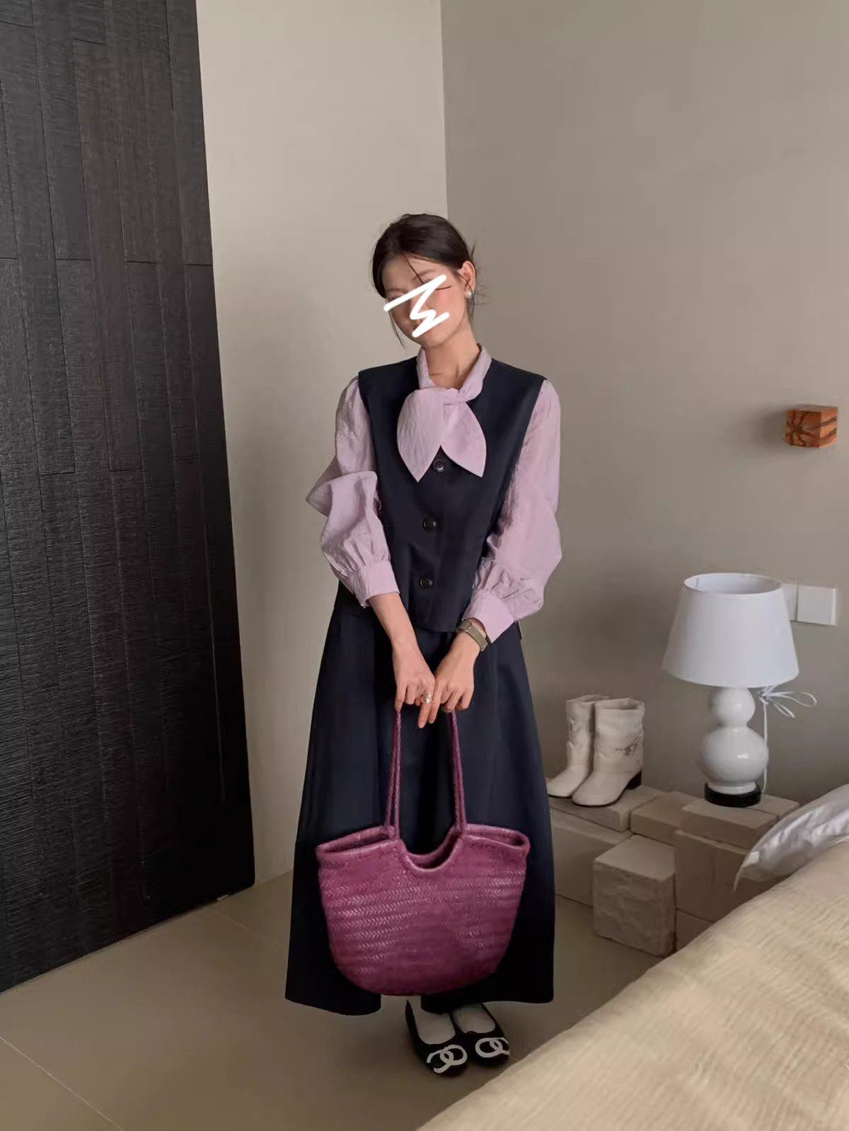 韩系气质套装系带长袖衬衫背心马甲两件套女装秋季A字花苞半身裙