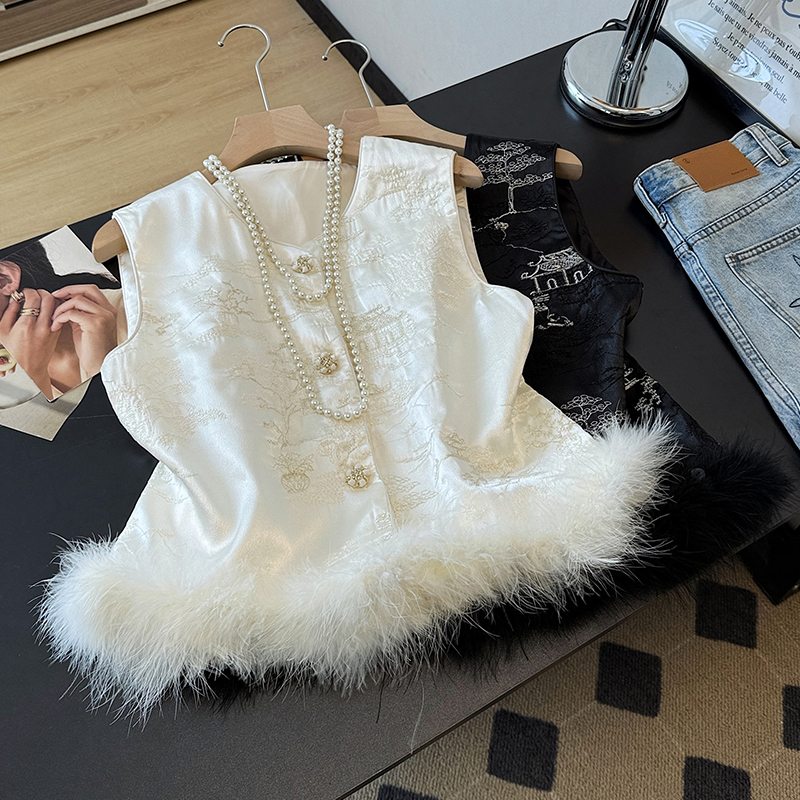 实拍新中式国风鸵鸟毛刺绣马甲外套女秋季坎肩复古无袖外套上衣女