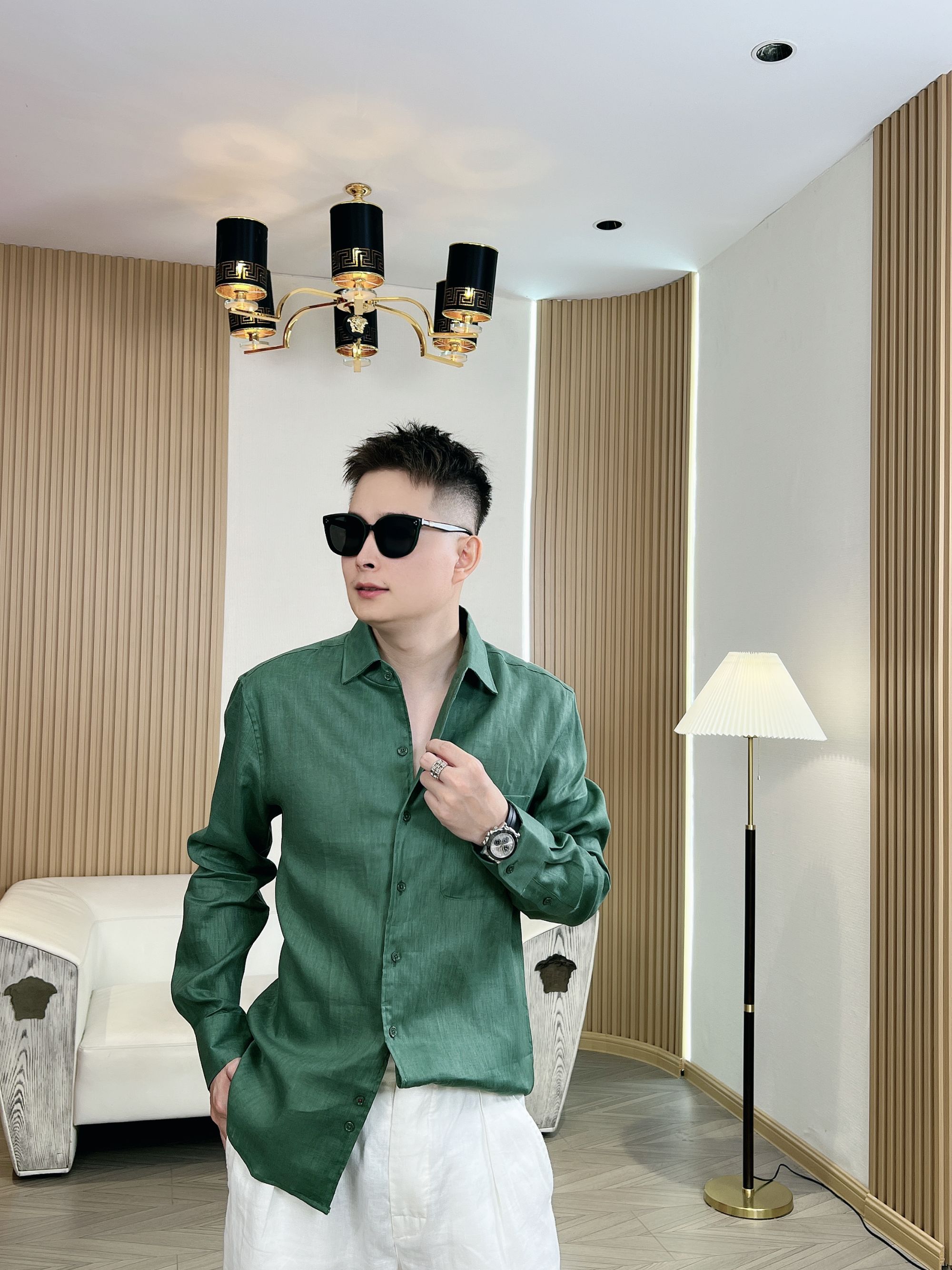 男士亚麻衬衫老钱风100%纯雨露麻温莎领长袖休闲雅痞衬衣11005