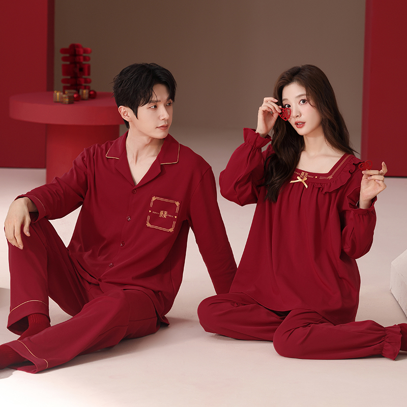 2套价 纯棉结婚睡衣新婚情侣套装春秋季长袖红色公主风喜庆家居服