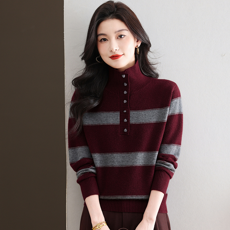 哥弟阿玛施正品翻领羊毛衫女秋冬新款针织打底衫洋气条纹显瘦毛衣