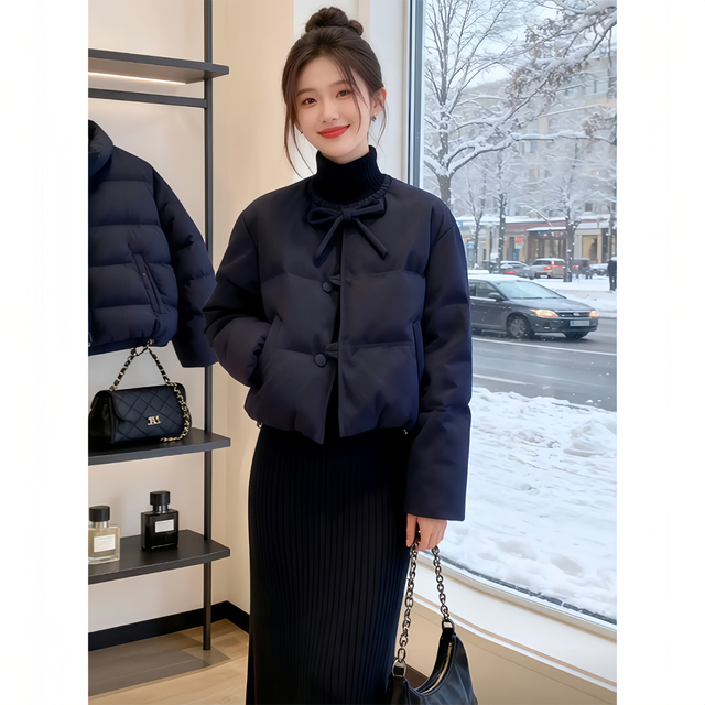 藏青色复古蝴蝶结系带圆领棉衣棉服女秋冬韩版简约小个子夹棉外套