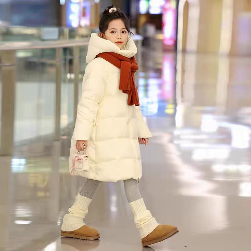 女童羽绒服冬装2025新款中大童女孩冬季白鸭绒加厚中长款连帽外套