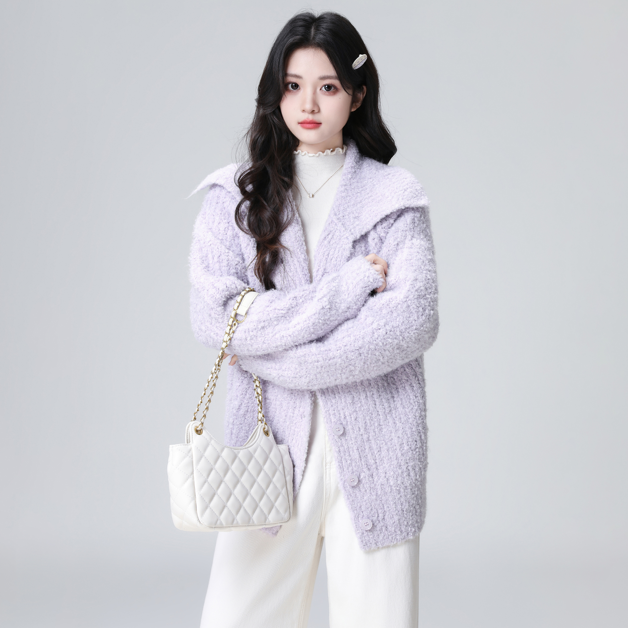 紫色毛衣外套女秋冬2025冬季新款中长款加厚宽松慵懒针织开衫上衣