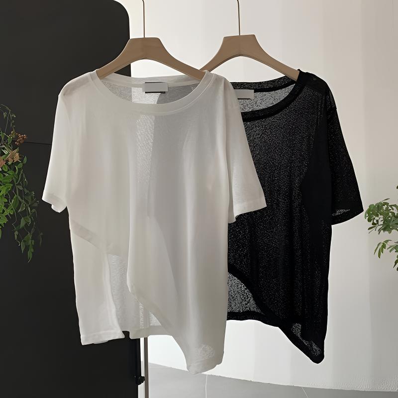 不规则白色防晒衫t恤女开叉微透薄款打底衫夏季宽松面膜罩衫上衣