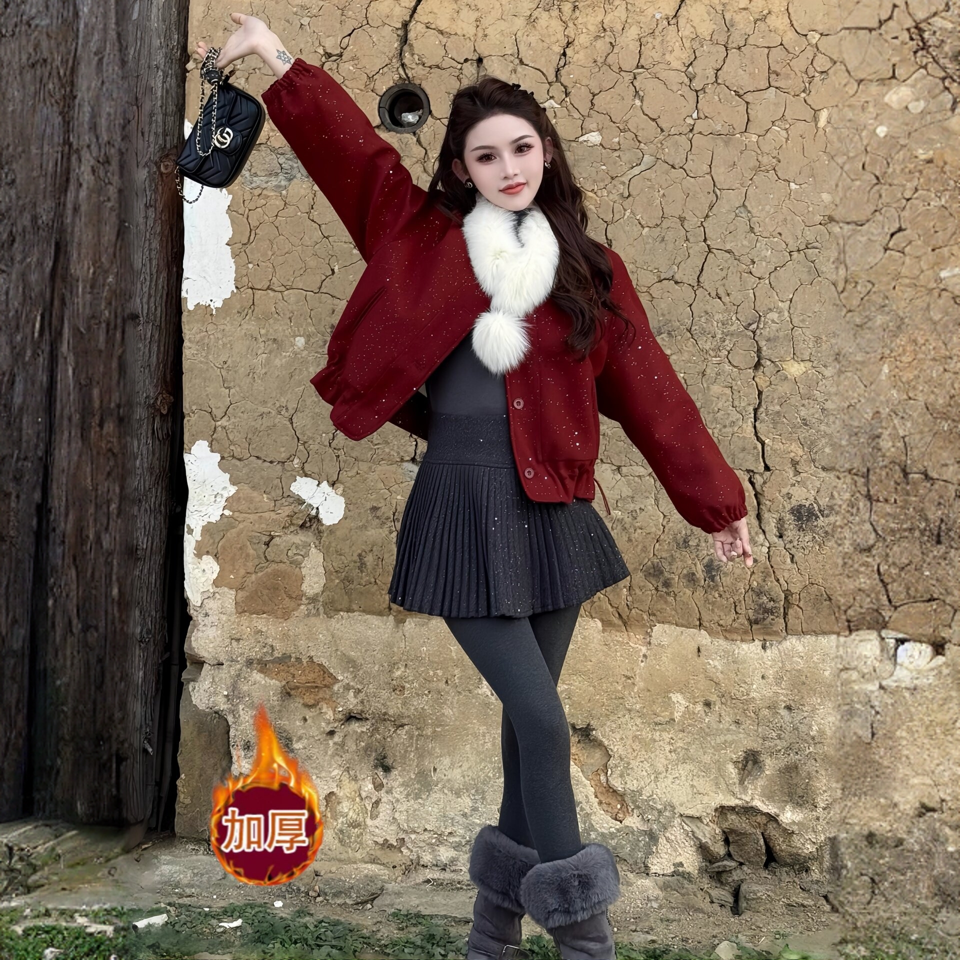 拉夏贝尔小个子加厚短外套女士冬装新款显瘦保暖细闪闪大衣