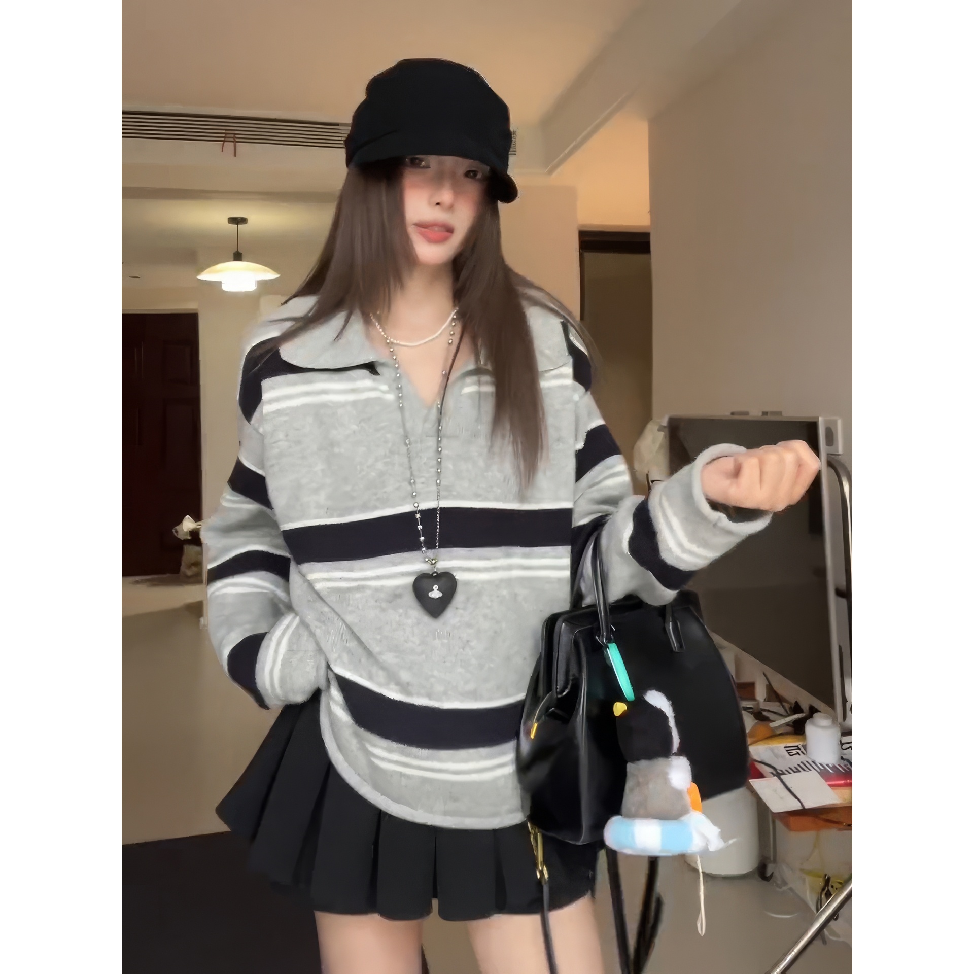 韩系灰色条纹拼接polo领长袖针织秋冬2025新款慵懒高级感保暖毛衣