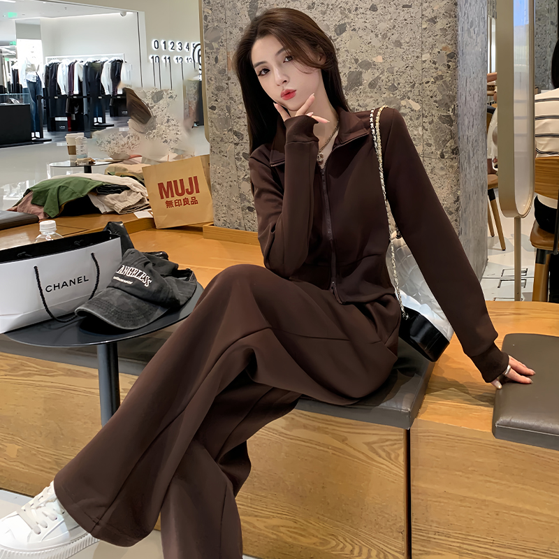高含棉2025年春秋新款设计感休闲套装女翻领长袖上衣阔腿裤两件套