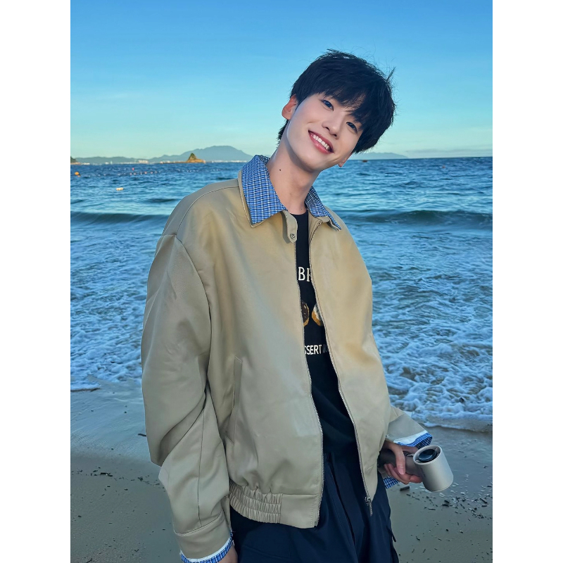 假两件格子拼接哈灵顿夹克男秋季美式cleanfit棒球服短款工装外套