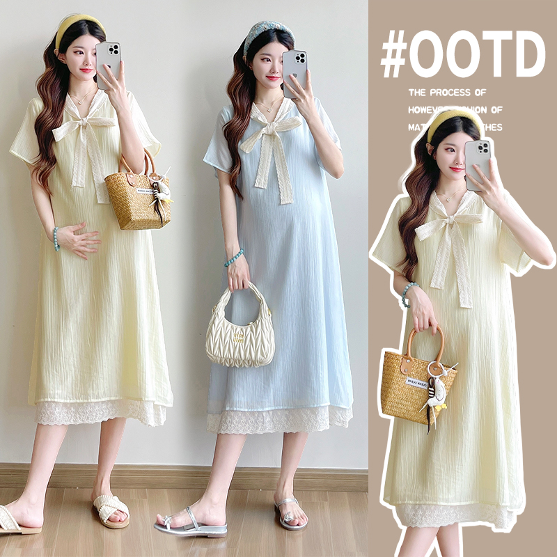 2025孕妇装夏装时尚新款假两件裙子蕾丝拼接孕妇连衣裙中长款