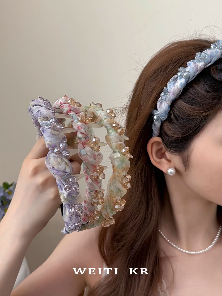 超仙碎花轻纱水钻波浪发箍女带齿防滑高颅顶头箍温柔甜美气质头扣