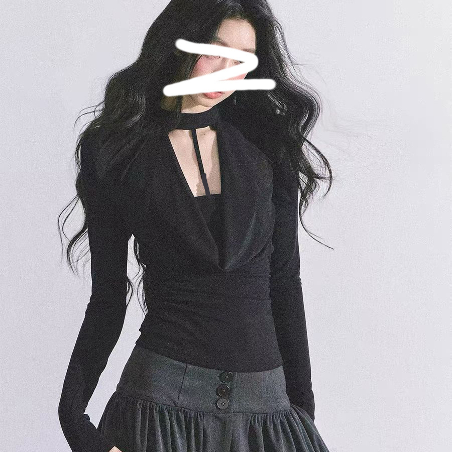 黑色设计感假两件荡领长袖t恤女秋冬季修身显瘦小众别致体恤上衣