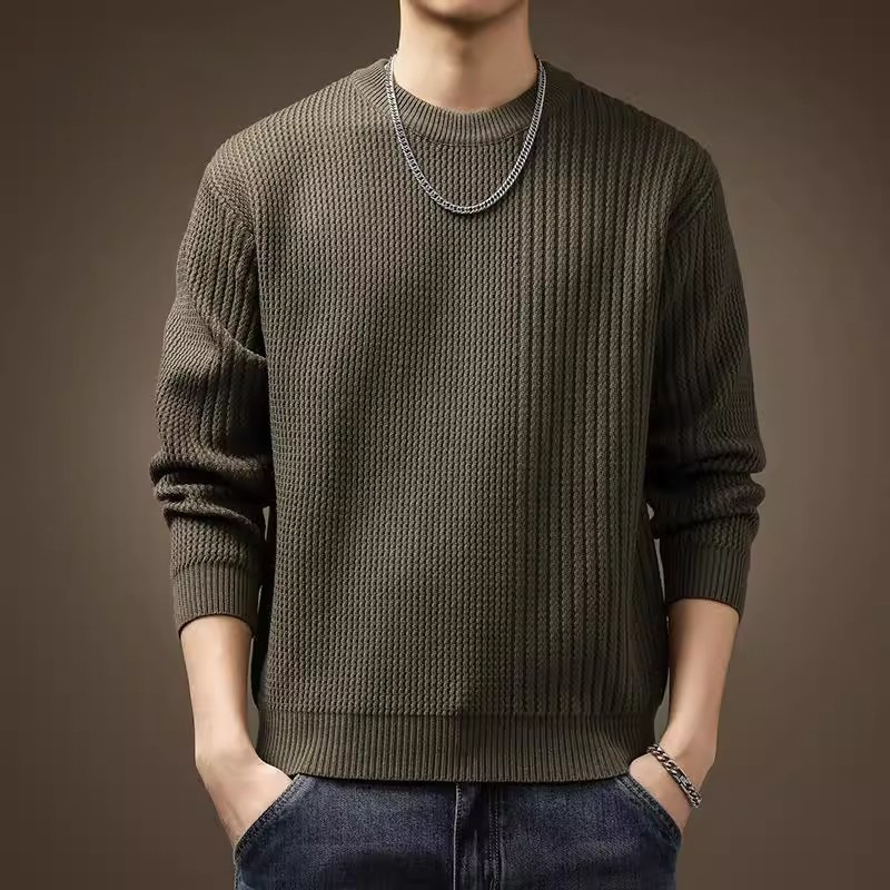 大码男装扭花拼接圆领毛衣男秋季新款宽松保暖毛衫日系长袖针织衫