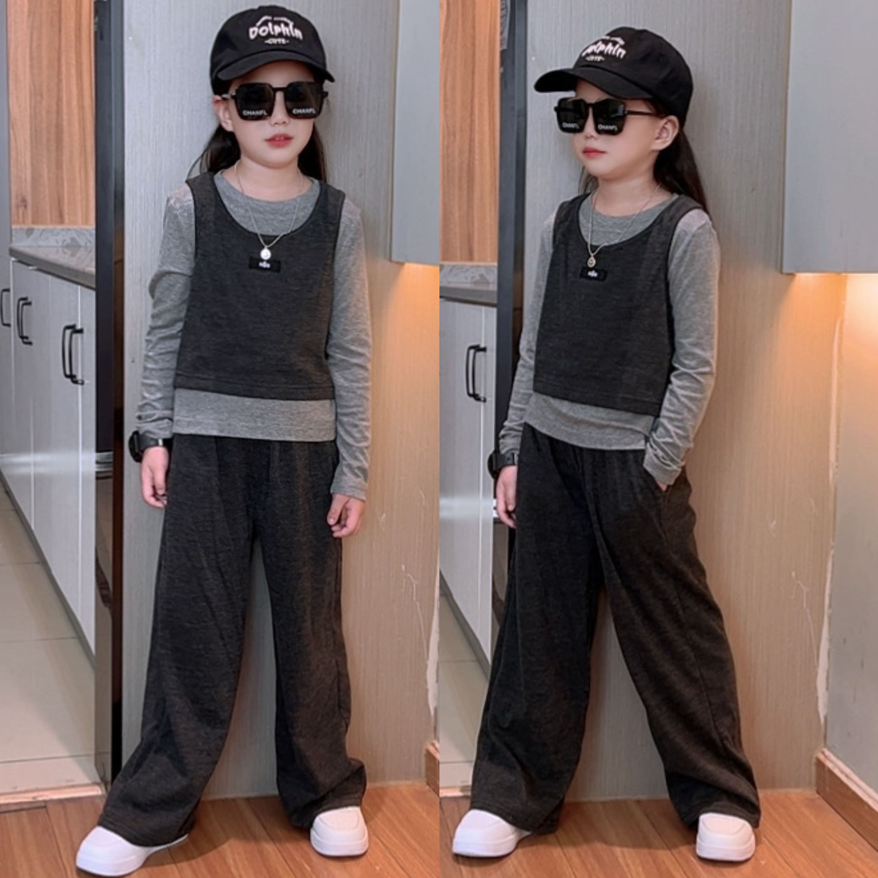 女童秋款洋气套装中大童女孩秋款潮流针织马甲T恤阔腿裤套装