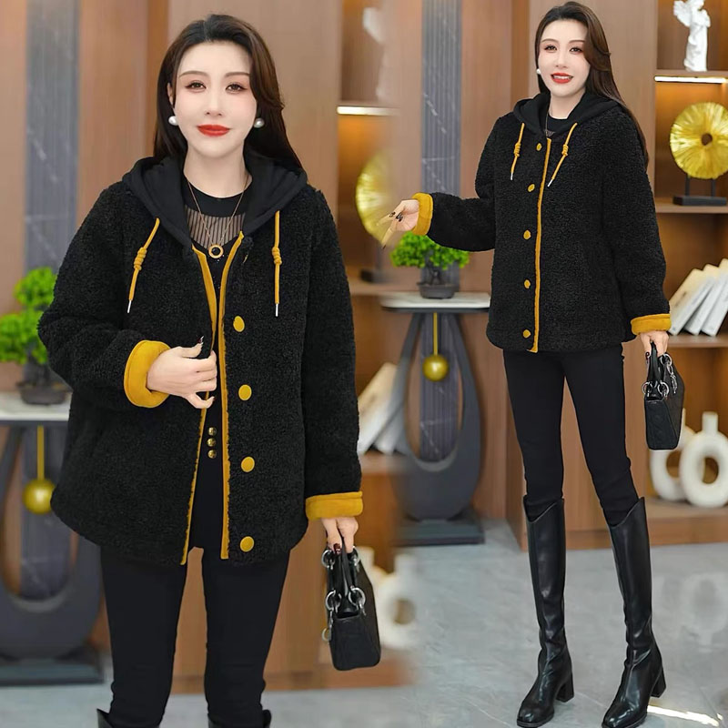 加绒加厚保暖连帽短外套女韩版2025冬季新款宽松显瘦撞色开衫夹克