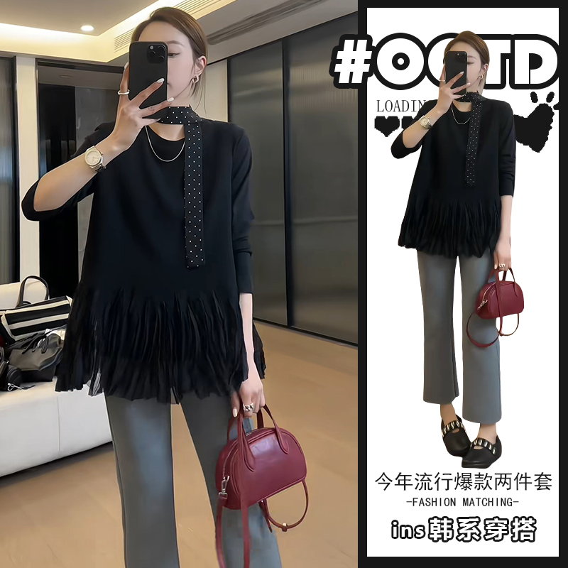 甜酷风气质百搭套装女秋季新款黑色设计感长袖上衣时尚灰色裤子潮