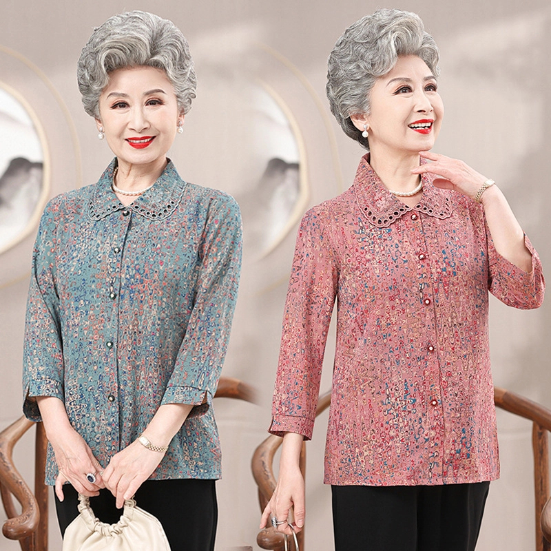 夏季70-80岁老年女装妈妈装老太太高档洋气奶奶装七分袖上衣衬衫