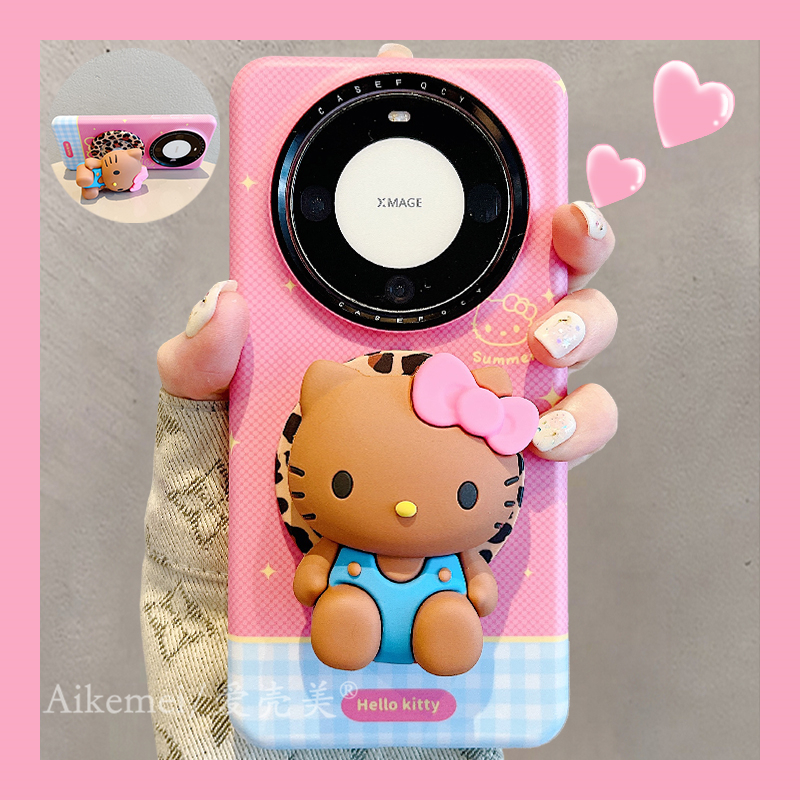 适用华为mate70pro+手机壳菲林粉线条mate60pro+黑皮KT猫磁吸支架