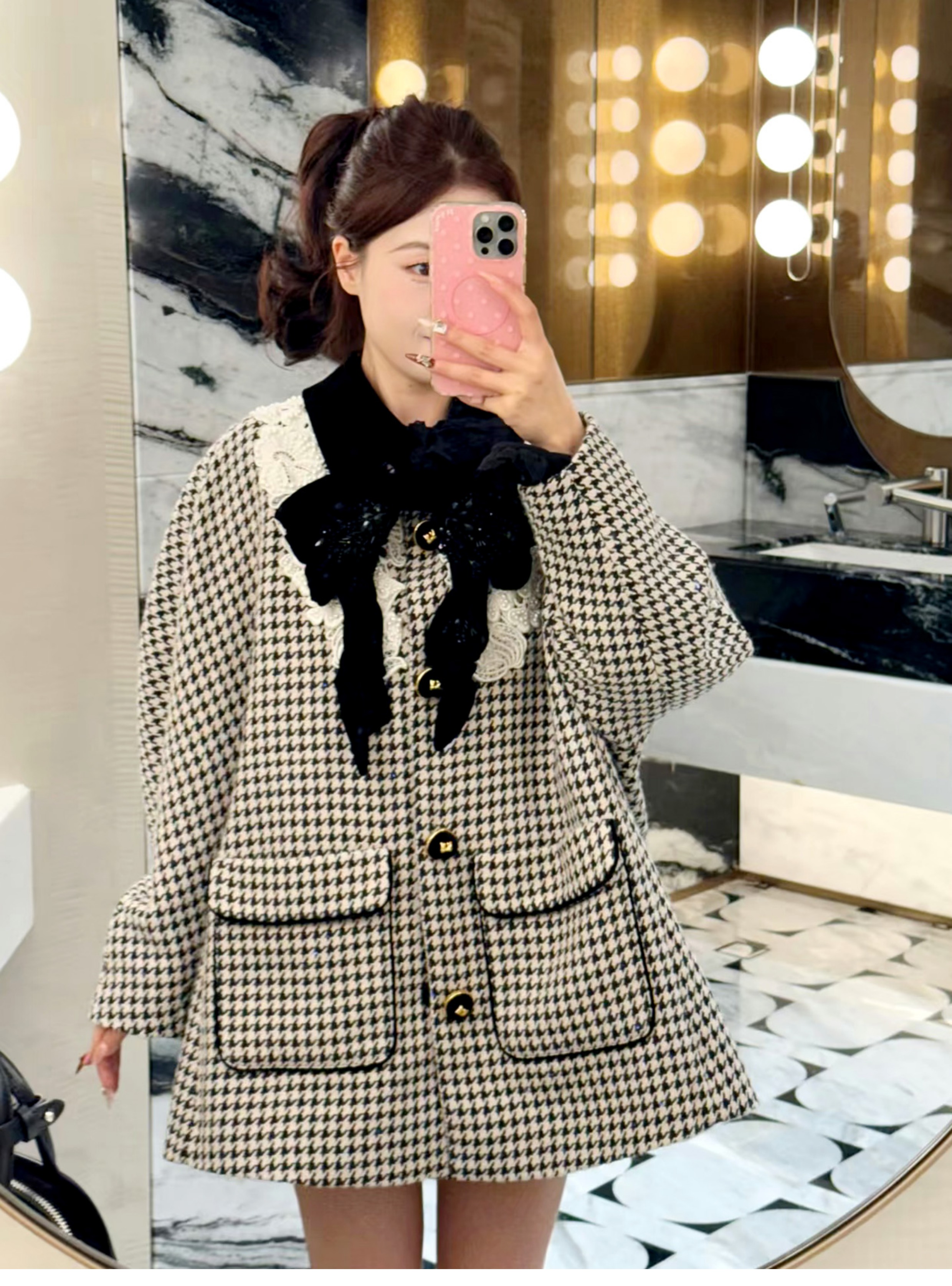 深圳南油高端钉珠蝴蝶结千鸟格大衣小香风毛呢外套女秋冬2025新款